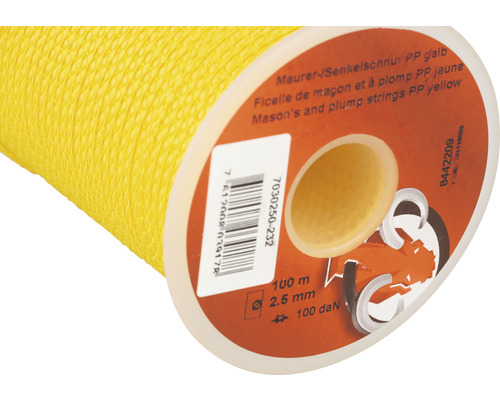 Mamutec Cordeau de maçon polypropylène Ø 2.5 mm x 100 m jaune Ficelle de maçon jaune en polypropylène sur une bobine d''une longueur de 100 mètres et d''un diamètre de 2,5 millimètres.