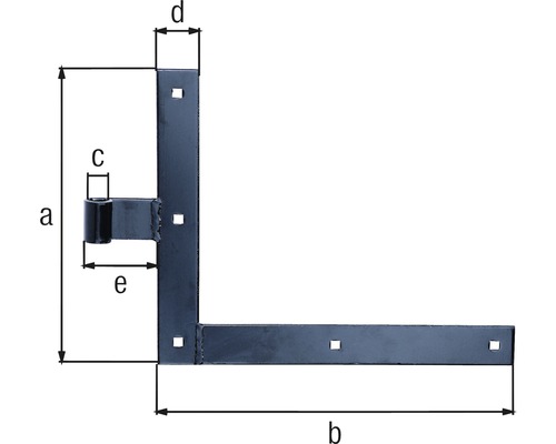 L-förmiger Ladenband mit Maßen a, b, c, d und e
