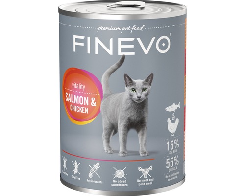 Katzenfutter nass FINEVO Vitality Lachs und Huhn 400 g Finevo Katzenfutter mit Lachs und Huhn in einer Konservendose