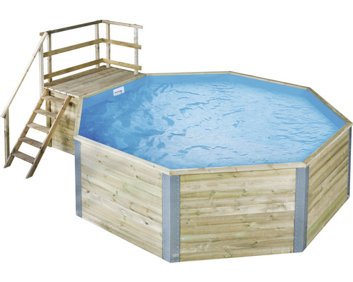 Kit de piscine hors sol en bois Weka 593B taille 2 octogonale 571x471 x116 cm avec groupe de filtration à sable, skimmer encastré, sable de filtration, montée et local technique pin