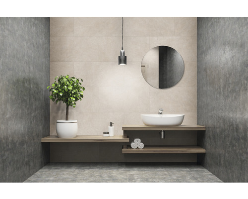 Panneau en plastique G x Wall+ Cream Slate 900 x 450 x 5 mm Salle de bains lumineuse avec lavabo, miroir et plante
