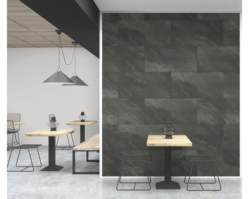 Panneau en plastique G x Wall+ Dark Stone 900 x 450 x 5 mm Intérieur avec tables à manger et carreaux muraux