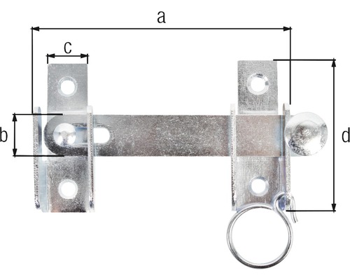 Metallschieberiegel mit den Abmessungen a, b, c und d