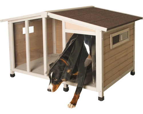 Hundehütte aus Holz mit Hundehaustür und Fenster