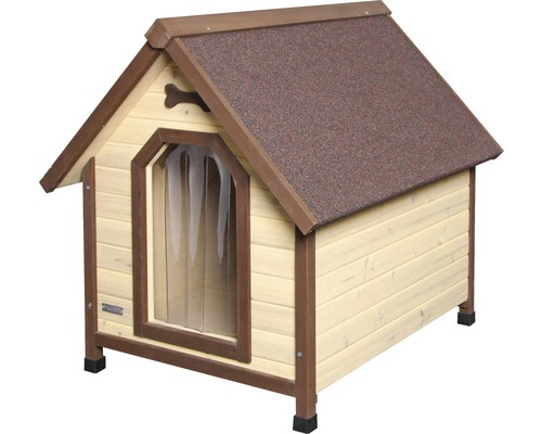 Hundehütte aus Holz mit Türvorhang