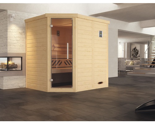 Sauna en bois massif Weka Kemi d'angle GT avec poêle 7,5 kW et commande numérique avec porte entièrement vitrée couleur graphite