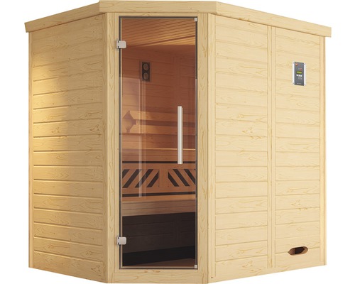 Sauna d''angle avec porte en verre et revêtement en bois