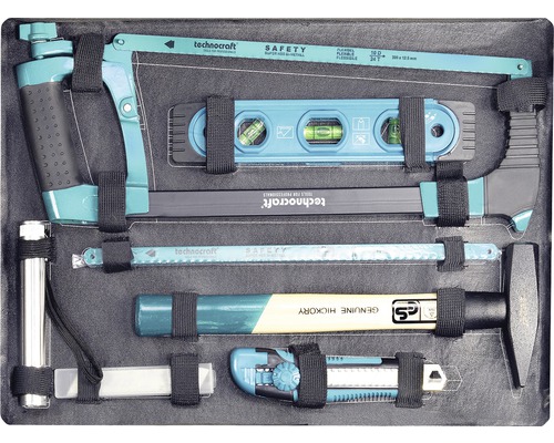 Werkzeugsatz mit Metallsäge, Wasserwaage, Hammer und Cutter in einer Aufbewahrungsbox