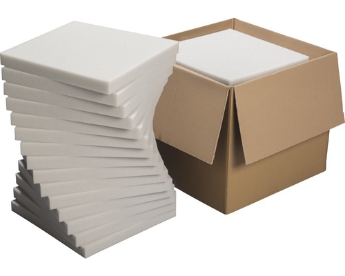 Pack pro plaques de mousse Softpur 40x40x4 cm 15 pces Pile de plaques de mousse à côté d''un carton ouvert