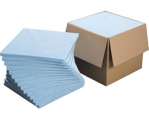 Pack pro plaque de mousse Isopur 50x50x3 cm 15 pces Pile de panneaux isolants bleus à côté d''un carton ouvert