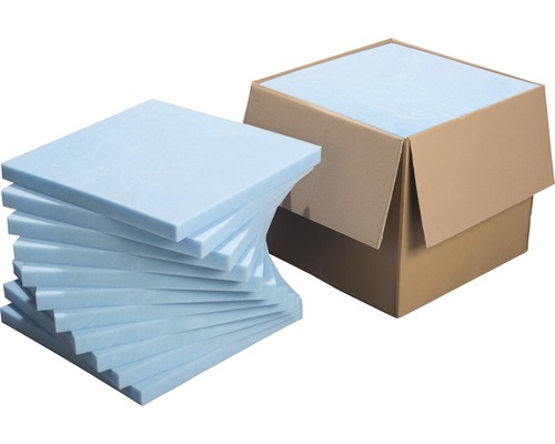 Pack pro plaque de mousse Isopur 50x50x4 cm 11 pces Pile de plaques d''isolation bleues à côté d''un carton ouvert
