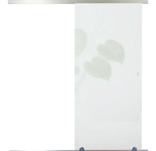 Porte en verre avec système coulissant et motif de feuille