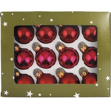Ensemble de douze boules de Noël rouges dans un emballage