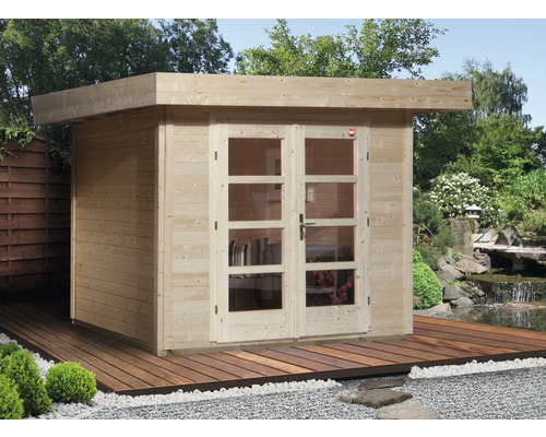 Abri de jardin weka Designhaus 126 Taille 2 avec plancher 356 x 314 cm naturel Abri de jardin en bois avec double porte et toit plat