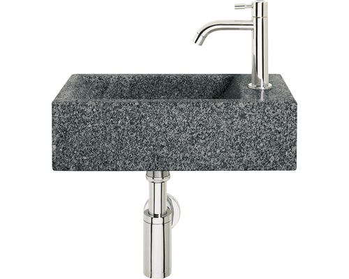 Handwaschbecken - Set inkl. Standventil CHEOPS Naturstein ohne Beschichtung schwarz 40x23 cm
