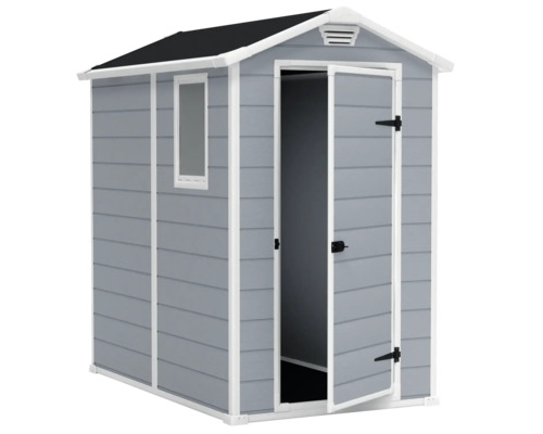 Gartenschuppen mit Fenster und geöffneter Tür