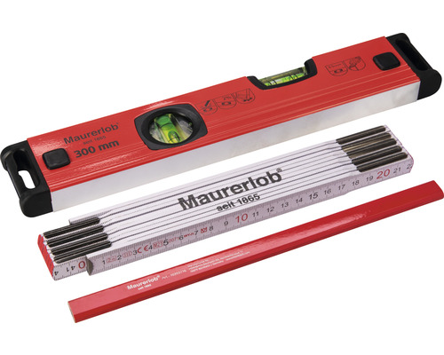 Wasserwaage, Zollstock und Zimmermannsbleistift von Maurerlob