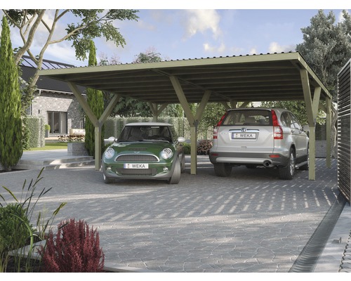 Carport double weka Y 612 594x606 cm traité en autoclave par imprégnation Abri double en bois avec deux voitures garées
