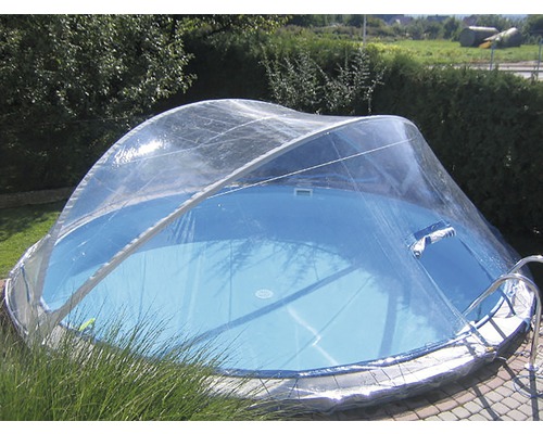 Pool Abdeckung Planet Pool Cabrio Dome transparent für schmalen Handlauf Ø 500 cm Rundes Schwimmbecken mit transparenter Überdachung im Garten