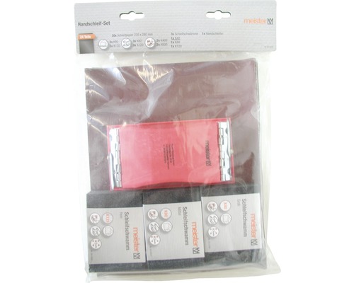 Meister Handschleif Set mit Schleifpapier, Schleifschwämmen und Handschleifer