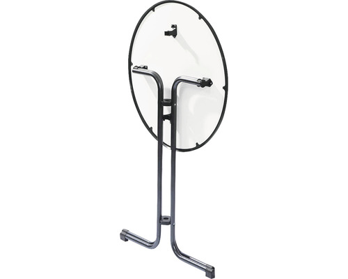 Rückansicht eines runden Klapptisches mit Metallgestell