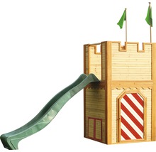 Spielturm aus Holz mit Rutsche und Fahnen für den Garten