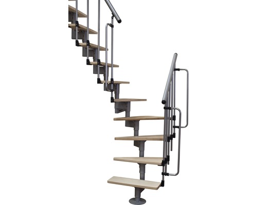 Escalier à limon central escalier de meunier Pertura Arion gris perle 66 cm garde-corps à barres verticales bouleau vernis Multiplex 12 marches 13 pas de marche