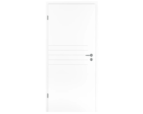 Porte intérieure blanche avec lignes décoratives horizontales, poignée de porte et serrure