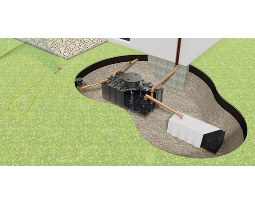 Versickerungsanlage im Garten mit Regenwasser-Fallrohranschluss und Gartenschlauch