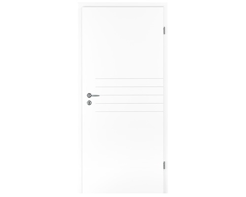 Weisse Innentür mit horizontalen Zierlinien, Griff und Schloss.