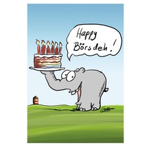 Illustration einer Geburtstagskarte mit Elefant und Kuchen
