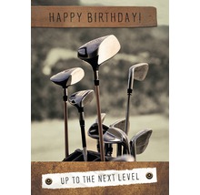 Geburtstagskarte mit Golfschlägern und dem Text Happy Birthday und Up to the Next Level