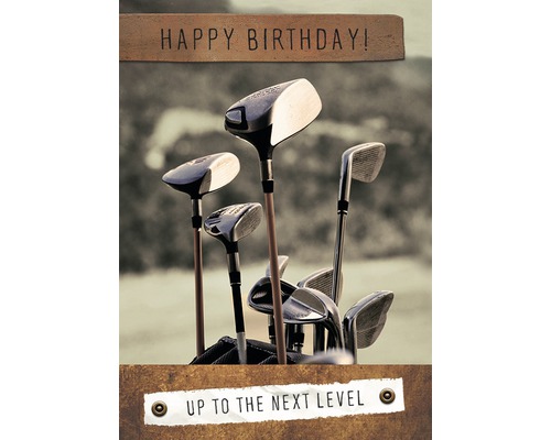 Geburtstagskarte mit Golfschlägern und dem Text Happy Birthday und Up to the Next Level