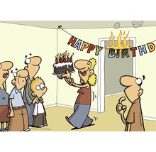 Karikatur einer Geburtstagsfeier mit brennendem Banner