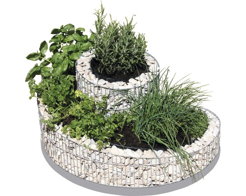 Spirale à herbes aromatiques en gabion avec basilic, romarin, persil et ciboulette