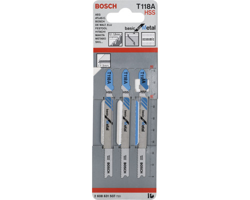 Lames de scie sauteuse Bosch T118A HSS, adaptées au métal, lot de 3