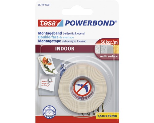 Ruban de montage tesa® Powerbond Indoor 1,5 m x 19 mm Ruban de montage Tesa Powerbond pour l''intérieur, 1,5 mètre x 19 millimètres