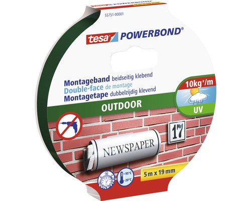 tesa® Powerbond Montageband Outdoor 5 m x 19 mm Tesa Powerbond Outdoor Montageband, 5 m x 19 mm, beidseitig klebend