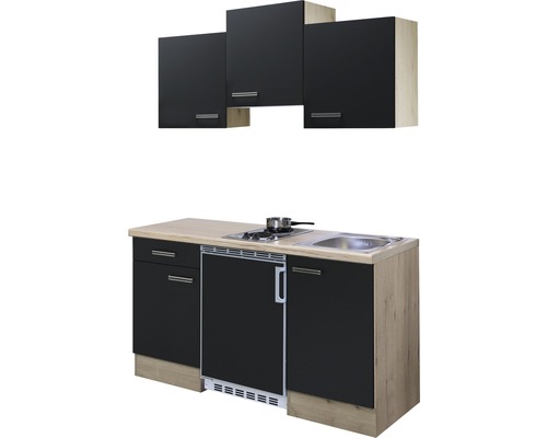 Cuisine compacte avec meubles bas, évier, plaque de cuisson et meubles hauts