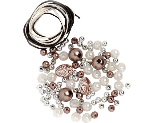 Perlen-Set mit Kordel braun-weiss-silber