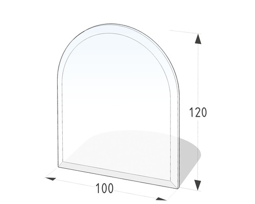 Plaque de protection en verre contre les étincelles semi-circulaire 100x120 cm Illustration d''une paroi de douche mesurant 100 centimètres sur 120 centimètres.