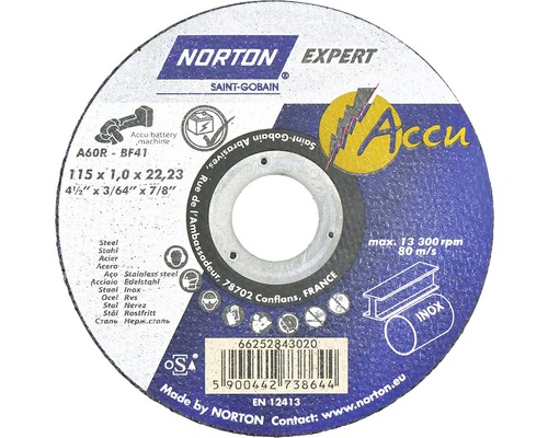 Norton Disque à tronçonner acier/inox Ø 115 x 22,23 mm 25 pièces Disque à tronçonner Norton Expert, 115 x 1,0 x 22,23 millimètres, adapté aux machines à batterie