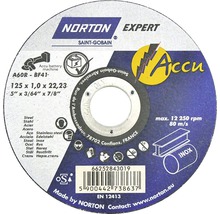 Disque à tronçonner Norton Expert de dimensions 125 x 1,0 x 22,23 millimètres pour machines à batterie