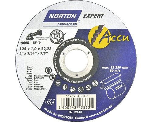 Norton Disque à tronçonner acier/inox 125 x 22,23 mm 25 pièces Disque à tronçonner Norton Expert de dimensions 125 x 1,0 x 22,23 millimètres pour machines à batterie