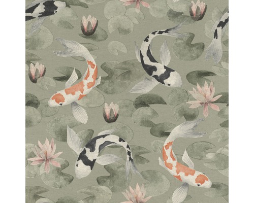 Papier peint intissé 409437 Kimono koï vert Papier peint avec carpes koï, feuilles de nénuphar et fleurs de nénuphar
