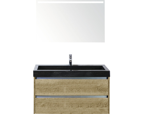 Badmöbel-Set Sanox Dante Frontfarbe eiche natur BxHxT 101x170x45,5 cm mit Natursteinwaschtisch und Spiegel mit LED-Beleuchtung