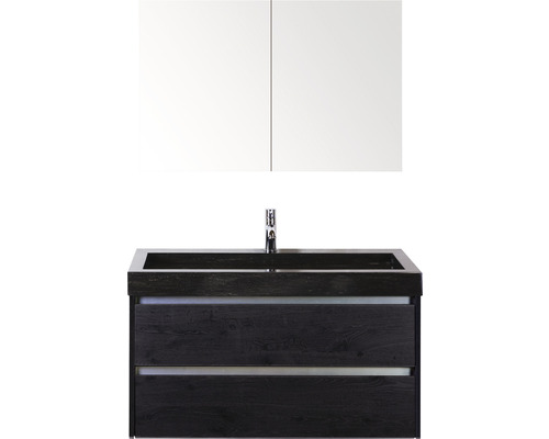 Ensemble de meubles de salle de bains Sanox Dante couleur de façade black oak lxhxp 101 x 170 x 45,5 cm avec vasque en pierre naturelle et armoire de toilette