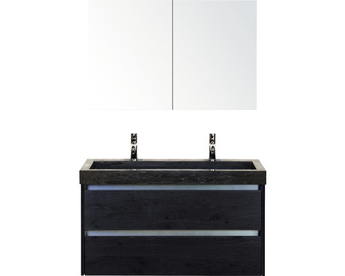 Badmöbel-Set Sanox Dante Frontfarbe black oak BxHxT 101 x 170 x 45,5 cm mit Doppel-Natursteinwaschtisch und Spiegelschrank Badmöbel-Set Sanox Dante Frontfarbe black oak BxHxT 101 x 170 x 45,5 cm mit Doppel-Natursteinwaschtisch und Spiegelschrank