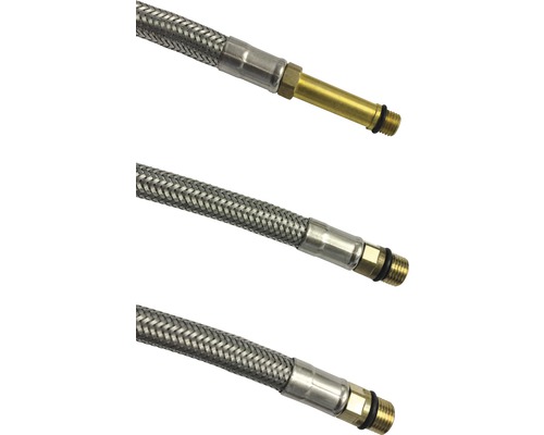 Drei flexible Metallschläuche mit Anschlussstücken