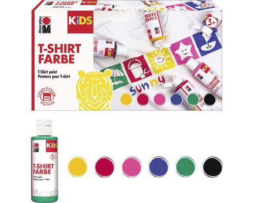 Set de peinture pour t-shirt Marabu pour enfants avec six couleurs et des modèles